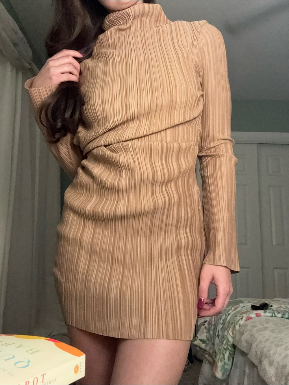 ASOS Ribbed Turtleneck Mini Dress in Camel